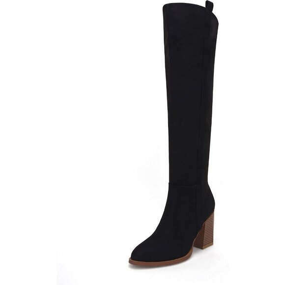 Womens Black Faux Suede Knee High Side Zipper Chunky Heel Winter Stretch Boots - Picture 2 of 8